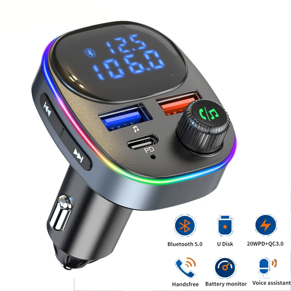 

7 Colors Changing FM Transmitter Bluetooth Wireless Car kit Handfree 20W PD Type-c QC3.0 Dual USB Car Charger TF Card U disk