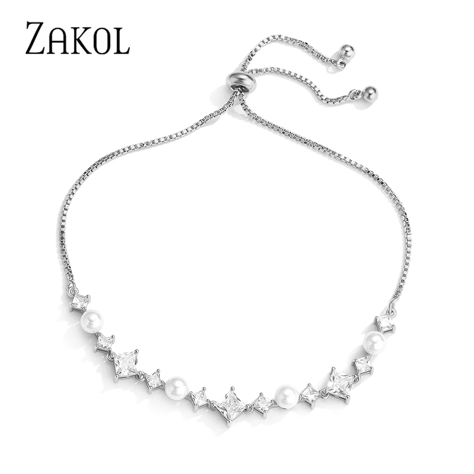 

ZAKOL Simple Fashion AAA Cubic Zirconia Pearl Chain & Link Bracelets Adjustable Bracelet Exquisite Bridal Wedding Jewelry BP5082