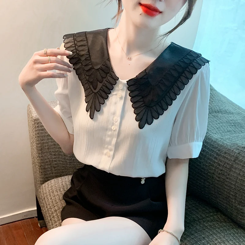 

Chic Petal Doll Collar Patchwork Short Sleeve Shirts Women Fashion Summer Blouse Ladies Elegant Chiffon Blouses Woman Tops