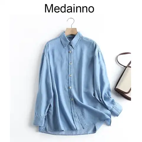 Medainno 2023 Spring Summer Fashion Women New Long Sleeve Blue Denim Shirt Casual Commute Blouses Simple Tops Female Chic