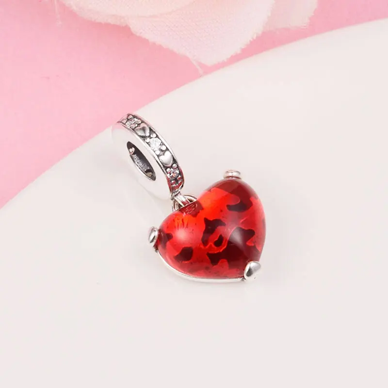 

925 Sterling Silver Red Heart Murano Glass Dangle Charm Bead Only European DIY Style Bracelets Necklaces