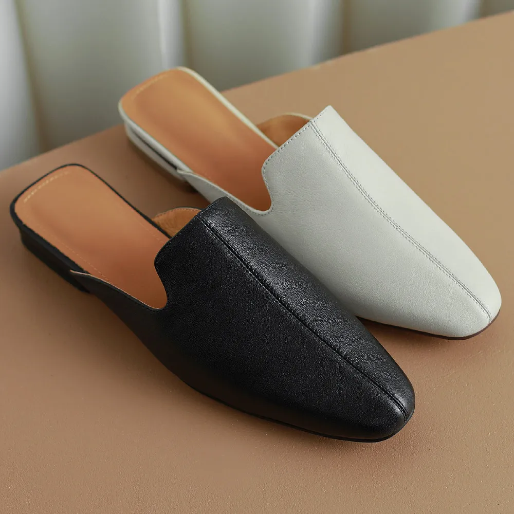 

Мюли женские из натуральной кожи, мягкие удобные повседневные сандалии без застежки, круглый носок, плоская подошва, для отдыха, повседневные шлепанцы, летняя обувь