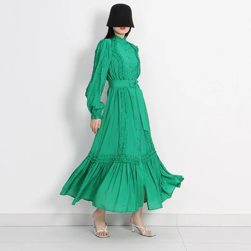 

High Quality Summer New Fashion 2021 Women's Long Sleeve Cascading Ruffles Solid Color Belt Camis 2 Piece Set Holiday Long Dress