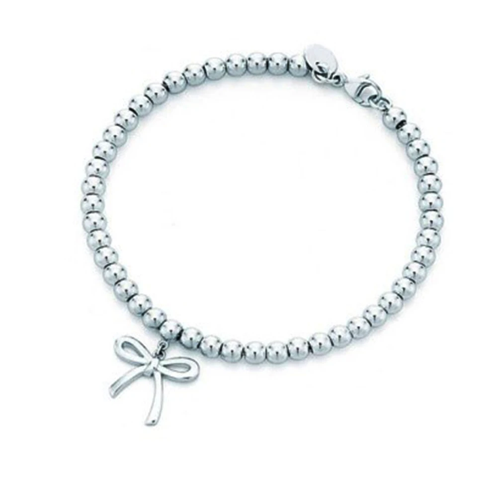 

Fashion S925 Sterling Silver Couple 4mm Ball Bead Bow Pendant Bracelet Cute Classic Birthday Gift