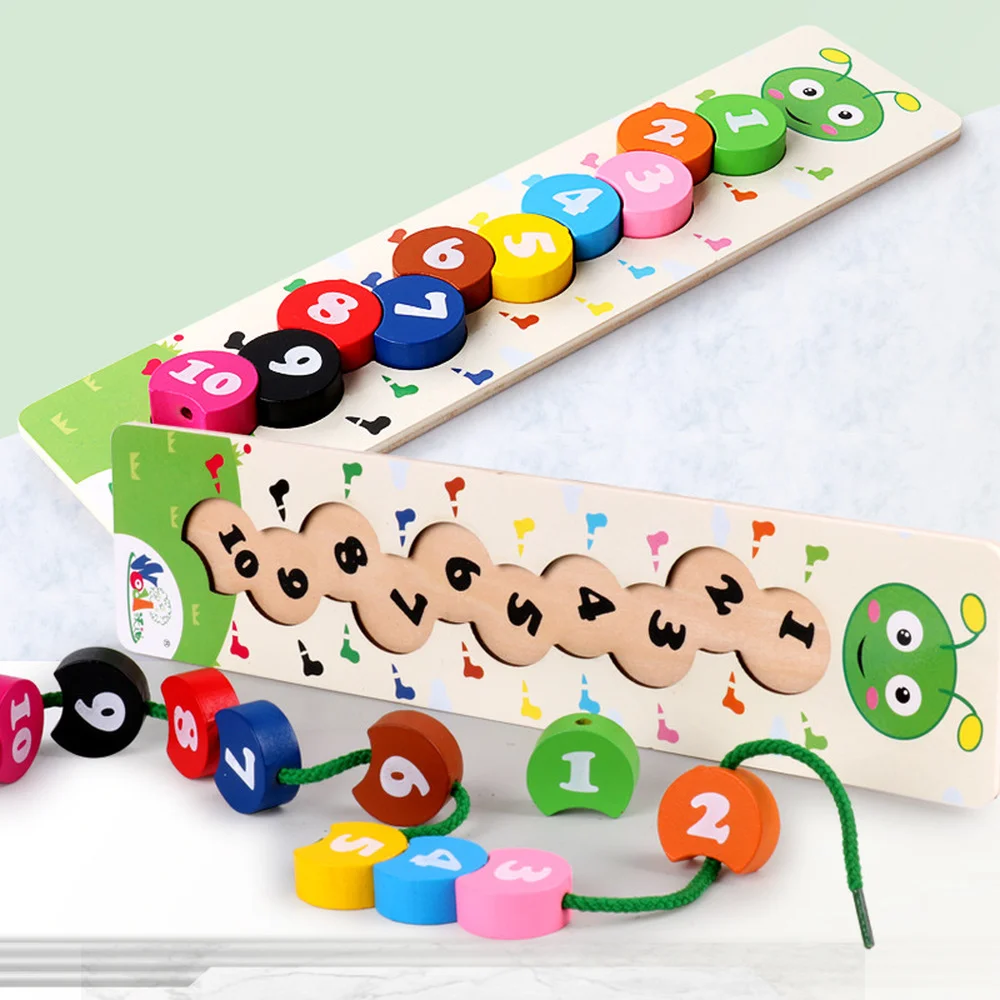 Montessori Wooden Math Toy Threading Caterpillar Develop Int