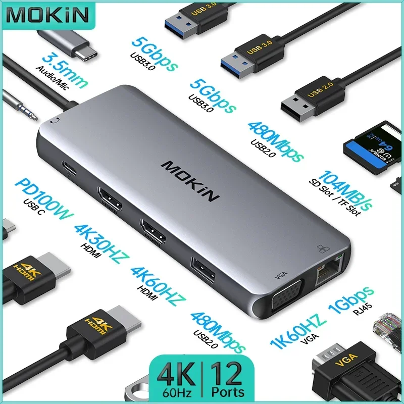 MOKiN 12 в 1 док-станция USB 3.0 HDMI 4K60Hz 4K30Hz PD 100 Вт RJ45 Гбит/с аудио для MacBook Air/Pro iPad Thunderbolt