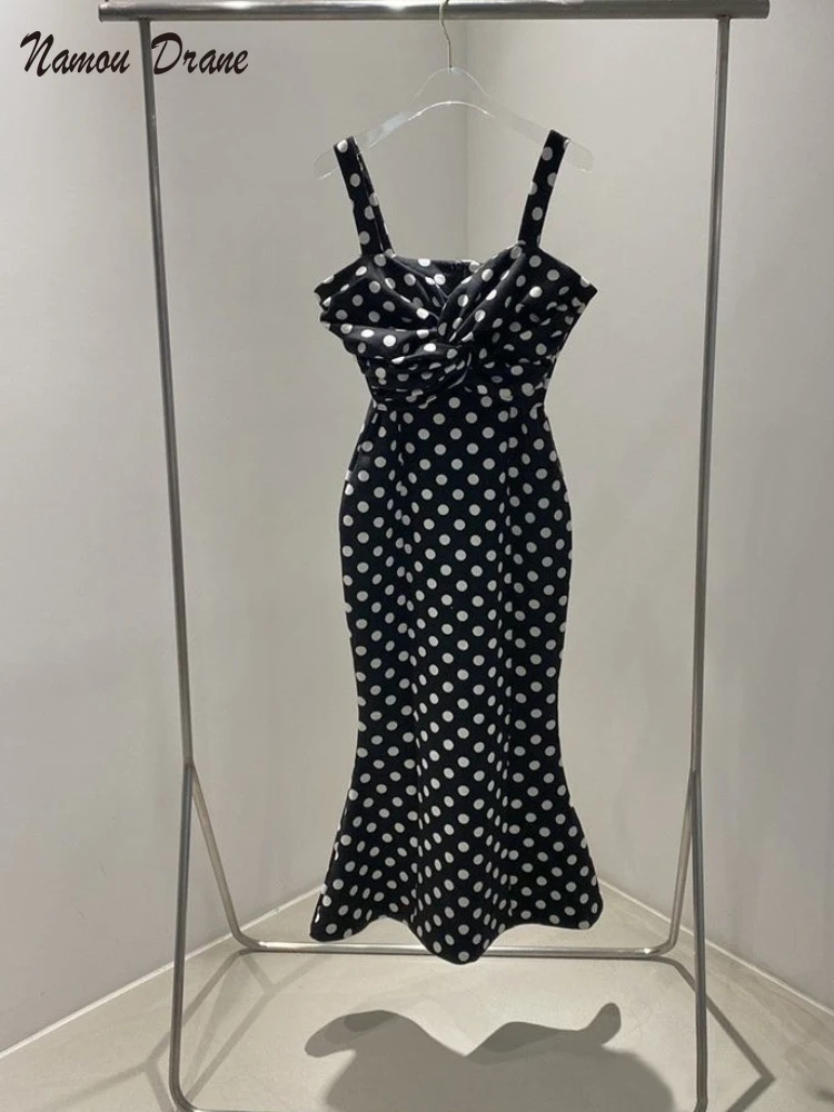 Korean Dongdaemun 2022 Spring New Temperament Color Matching Polka Dot Pleated Design Slimming Suspender Dress for Women