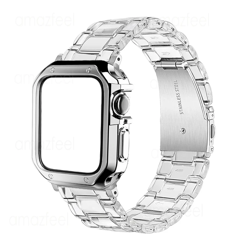 

Clear Resin Bracelet For Apple Watch Band 44mm 40mm 42mm 38mm Strap + Cover For iwatch series 7 6 SE 5 4 3 2 1 Protective Case