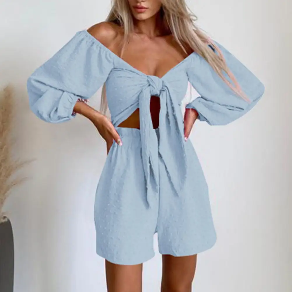 

2 Pcs/Set Women Tops Shorts Suit Off Shoulder Backless Loose Type Soft Fabric Long Sleeves Short Top Wide Leg Deep Crotch