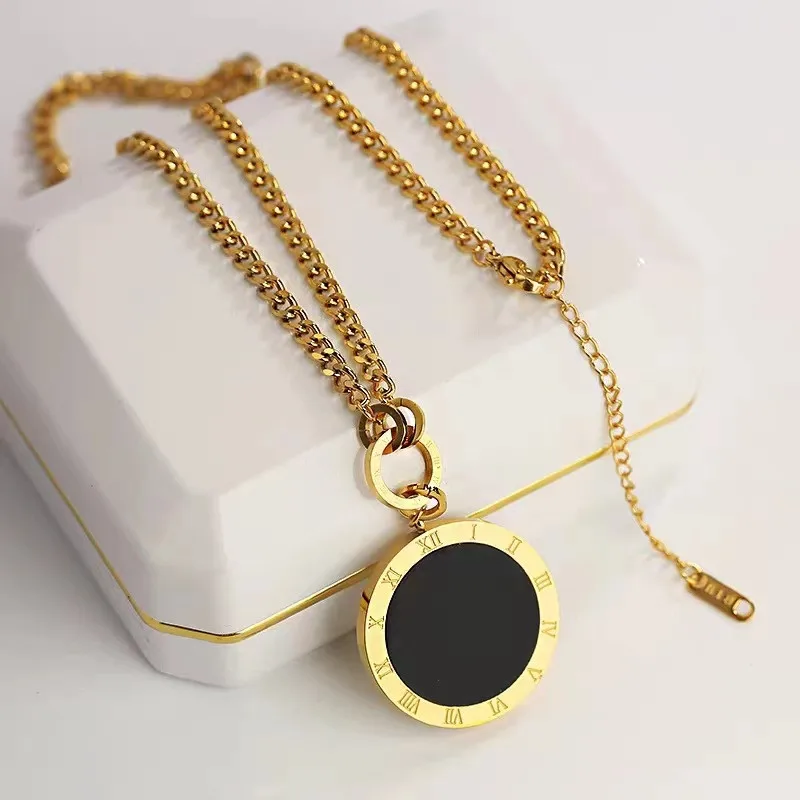 Черно-белая двусторонняя римская цифра Большая подвеска длинная цепочка 316L из