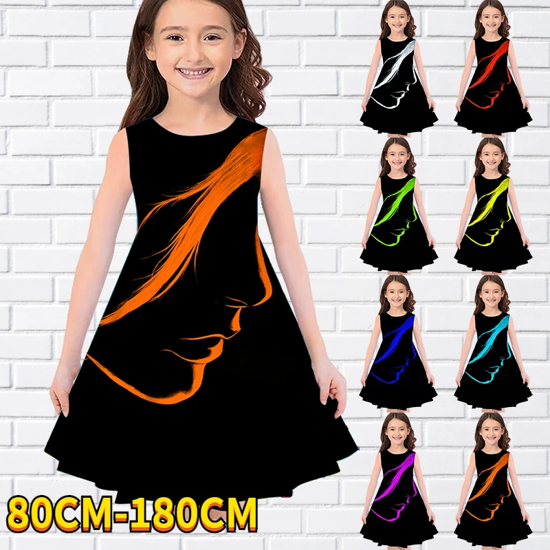 

Kids Little Girls Sleeveless Dress Girls Dress Abstract Face Print Daily Casual Cute Sweet Over Knee Sleeveless Dress 80-180CM
