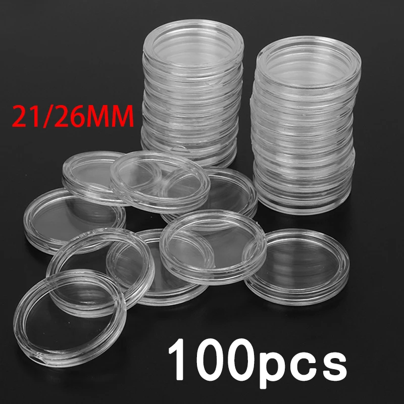 100Pcs 21 26mm Coin Holder Capsules Box Storage Clear Round Display Cases Holders Protective Collection Supplies |