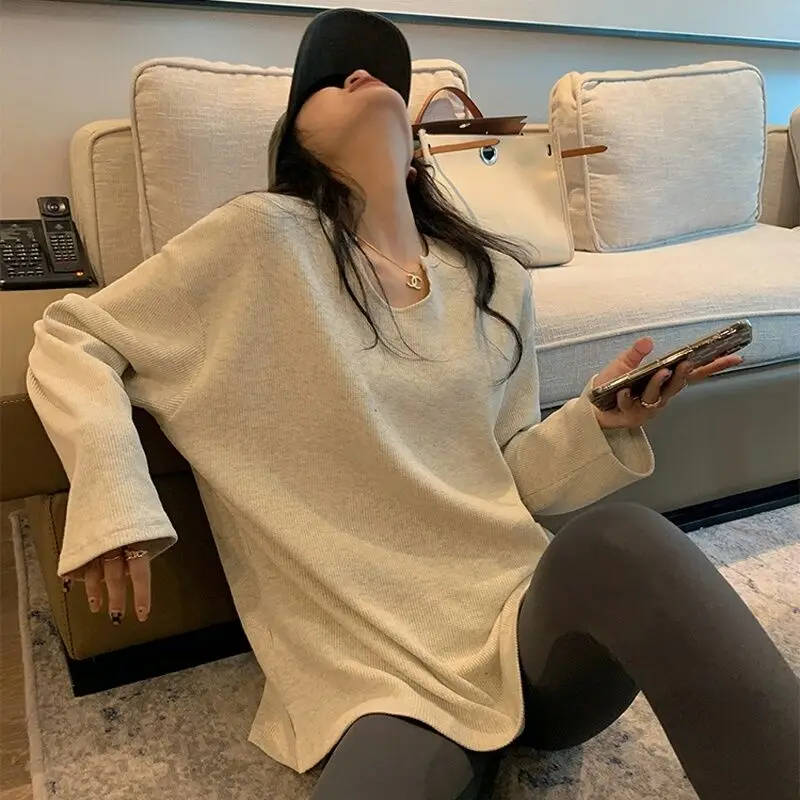 

Spring Autumn Solid Simple Oversized Tshirt Harajuku Long T Shirt Women Kawaii T-shirts Women 90s Apricot Black Long Sleeve Tops