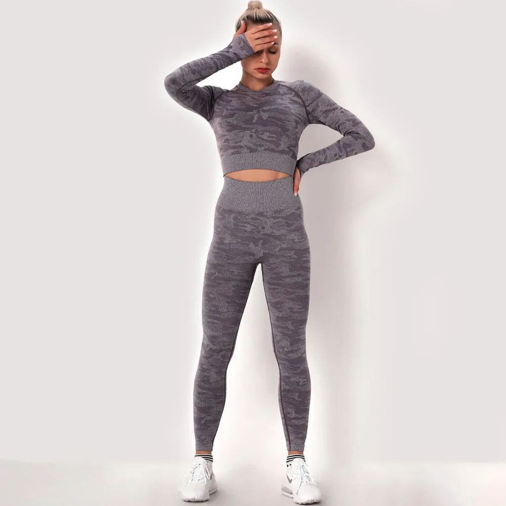 2Pcs Gym Set Women Seamless Yoga Set Workout Clothes For Women Sportswear Long Sleeve Shirts Yoga Leggings Fitness Sport Suit