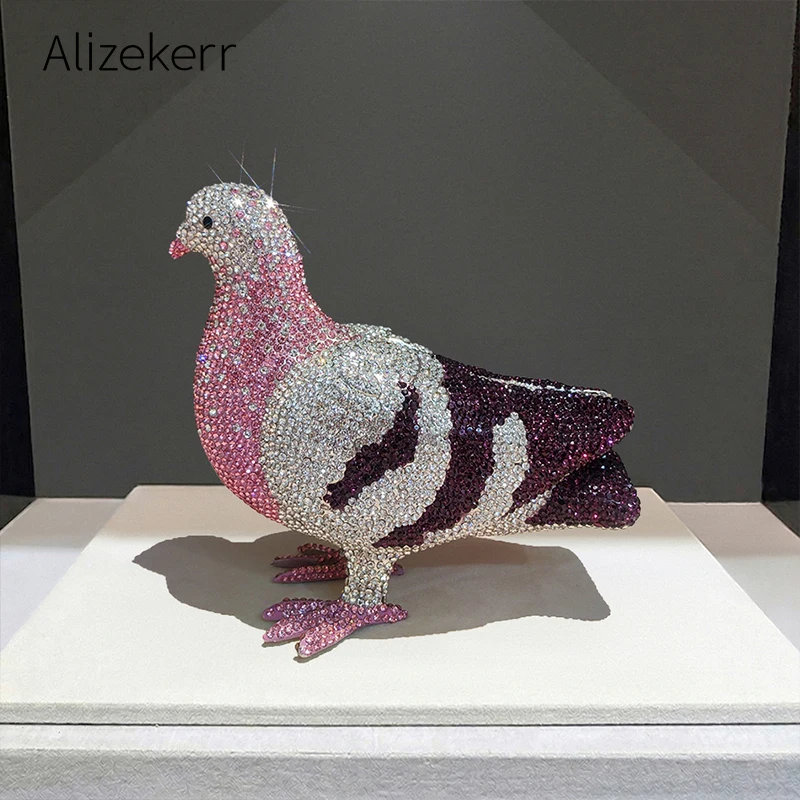 Фото Alizekerr 3D-клатч в форме голубя с кристаллами, женская роскошная уникальная блестящая металлическая сумочка со стразами для свадьбы, вечеринки, банкета №1