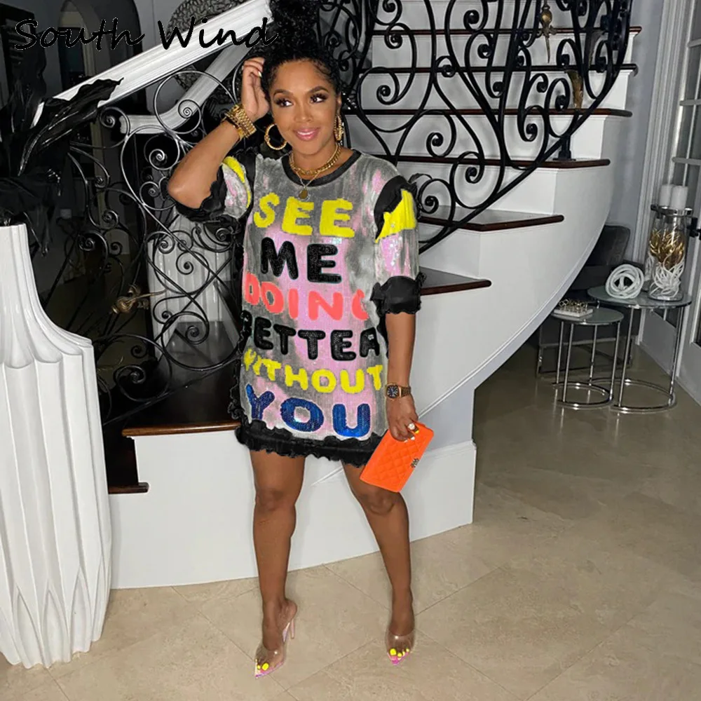

Women Letter Sequins O-neck Half Sleeve Tee Style Slim Dress 2022 Summer Sexy Club Party Street Elegant Pencil Dresses Vestido