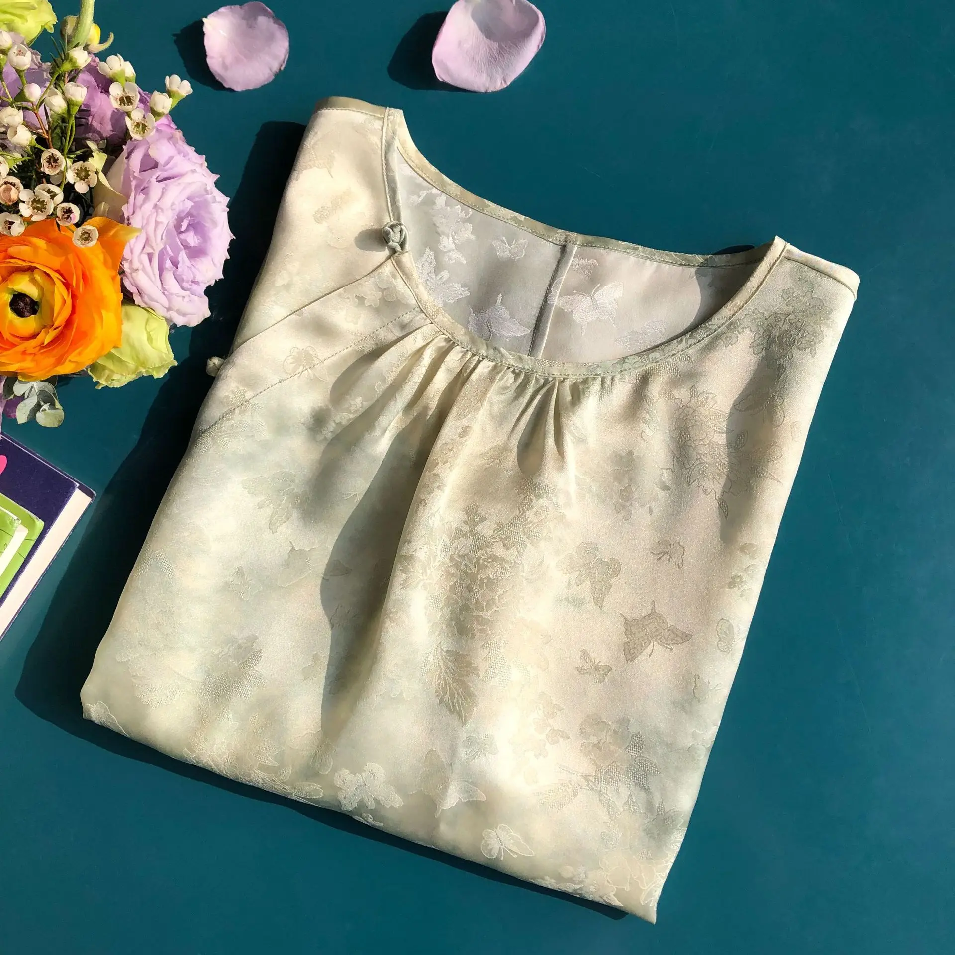 BirdTree 17 9 мм 100% шелк тутового шелкопряда винтажная Новая китайская рубашка Женская