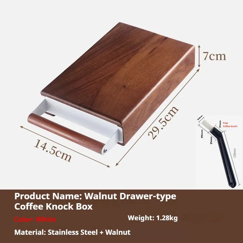 

Ящик для молотка для эспрессо из орехового дерева, кофейный стук со съемным амортизирующим молотком и нескользящим основанием из нержавеющей стали 304.