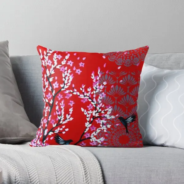 

Red Cherry Blossom Printing Throw Pillow Cover Hotel Decor Office Decorative Waist Cushion Bedroom Throw Pillows not include