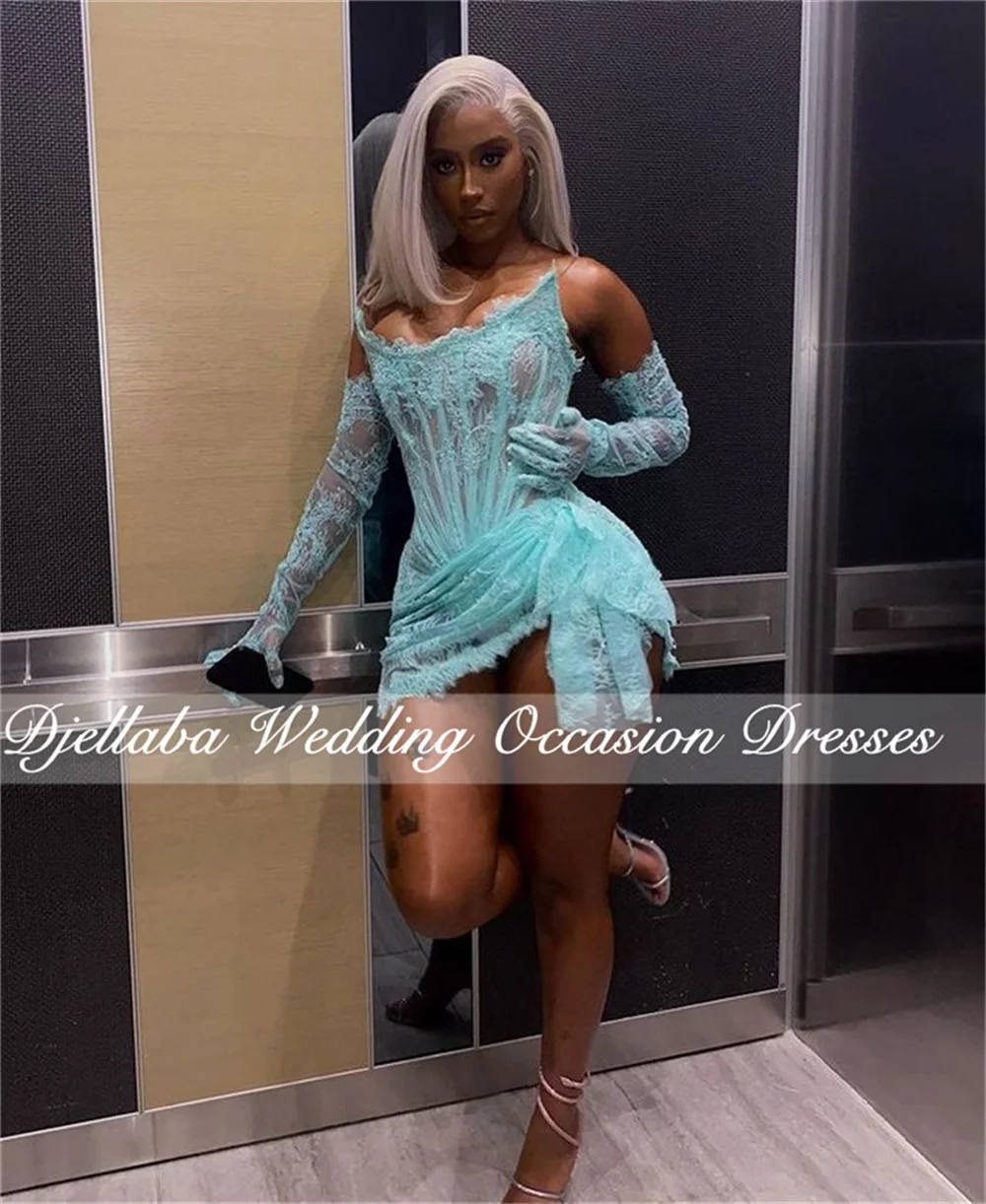 

Sexy Light Blue Lace Illusion Mermaid Mini Cocktail Dresses 2022 Birthday Party Dress Homecoming Gowns Lace Up Vestido De Festa