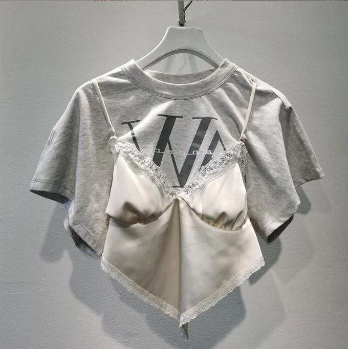 

Fashion Classic Trendy Luxury Designer Cloth Women Summer Lace Satin Patchwork Letter Logo Print Short-sleeved Cotton T-shirt