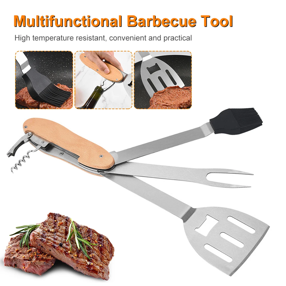 

BBQ Tool Set 5 In 1 Multifunction Foldable Spatula Brush Fork Bottle Opener