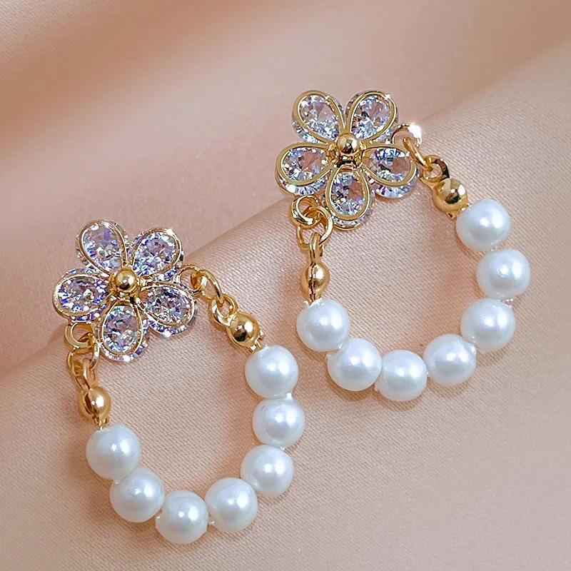 

Flower Pearl Circle Sweet Dangle Earrings For Women Cubic Zirconia Shiny Flower Stud Earrings 2022 Korean Fashion Girl Jewelry