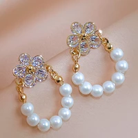 flower pearl circle sweet dangle earrings for women cubic zirconia shiny flower stud earrings 2022 korean fashion girl jewelry