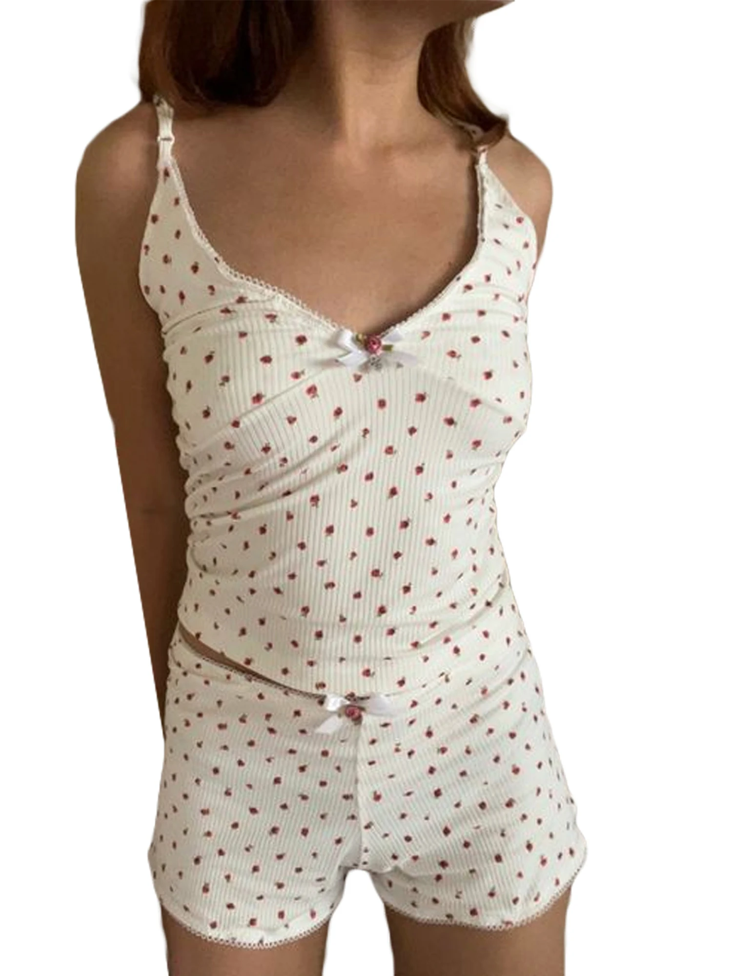 

Women s Floral Print Sleeveless V-neck Lace Hem Cami Top and Shorts Pajama Set Stylish Sleepwear for Lounging
