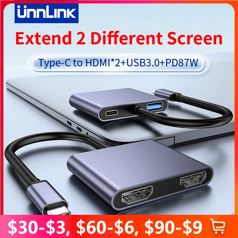 

Unnlink 4K Type C to HDMI+HDMI+USB 3.0+PD 87W Adapter USB C HUB For Macbook Air Pro iPad Pro M2 M1 PC Extend 2 Different Screen