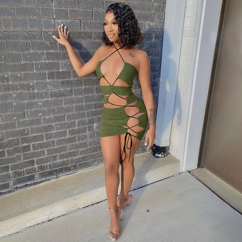 

Sexy Hollow Out Spaghetti Straps Mini Dress Bandage Backless Sleeveless Black Off Shoulder Night Club Partywear Bodycon Dress