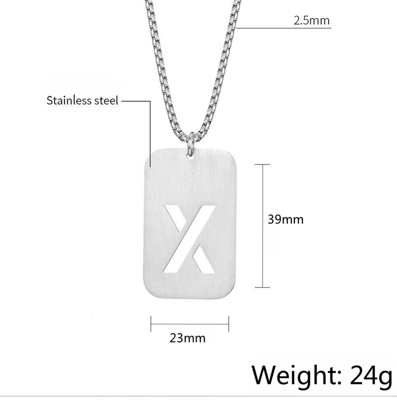 Letter Hollow Necklace Men's and Women's Hip Hop Accessories Rectangle Stainless Steel Smooth Military Brand Pendant Necklace