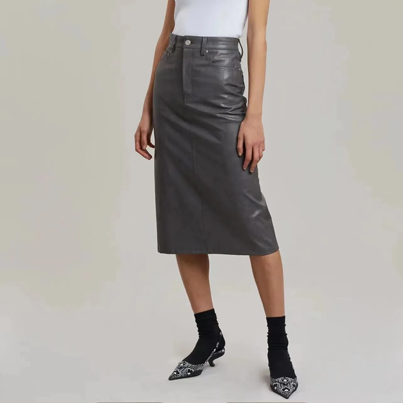 New PU Leather Denim Style Midi Skirt for Women Temperament  Package Hip Long Skirts Female Clothing 2022 Autumn and Winter
