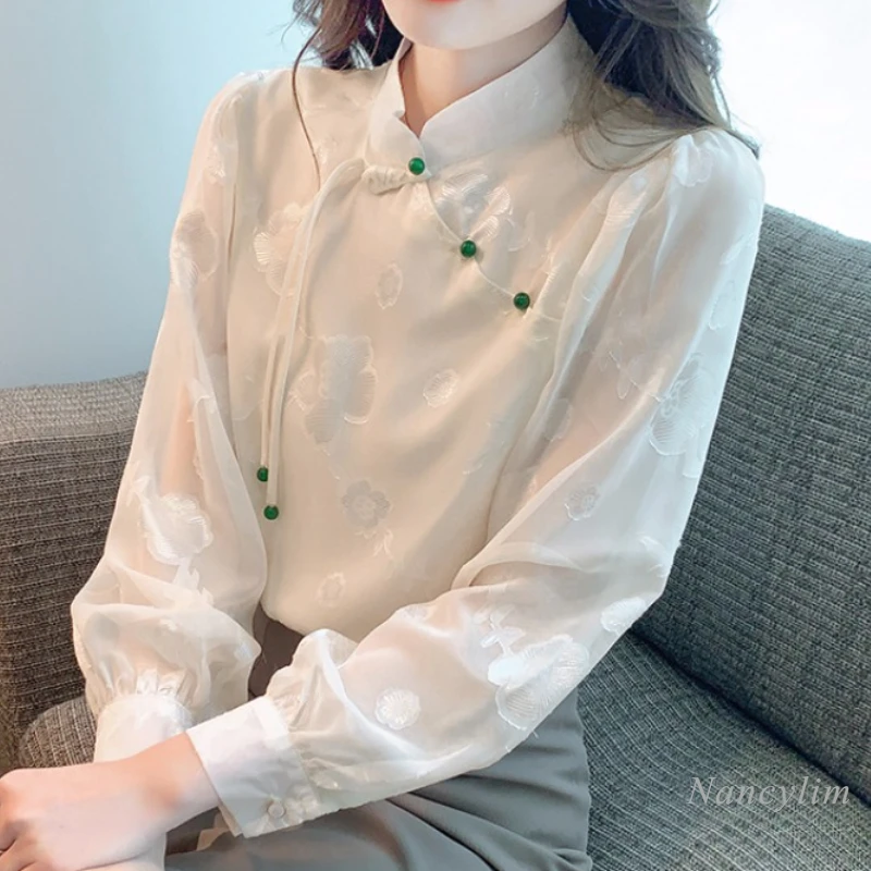 

Spring and Autumn Chinese Style Long-Sleeved Chiffon Shirt for Women 2023 New Women's High-End Top Chic Beautiful Blusas