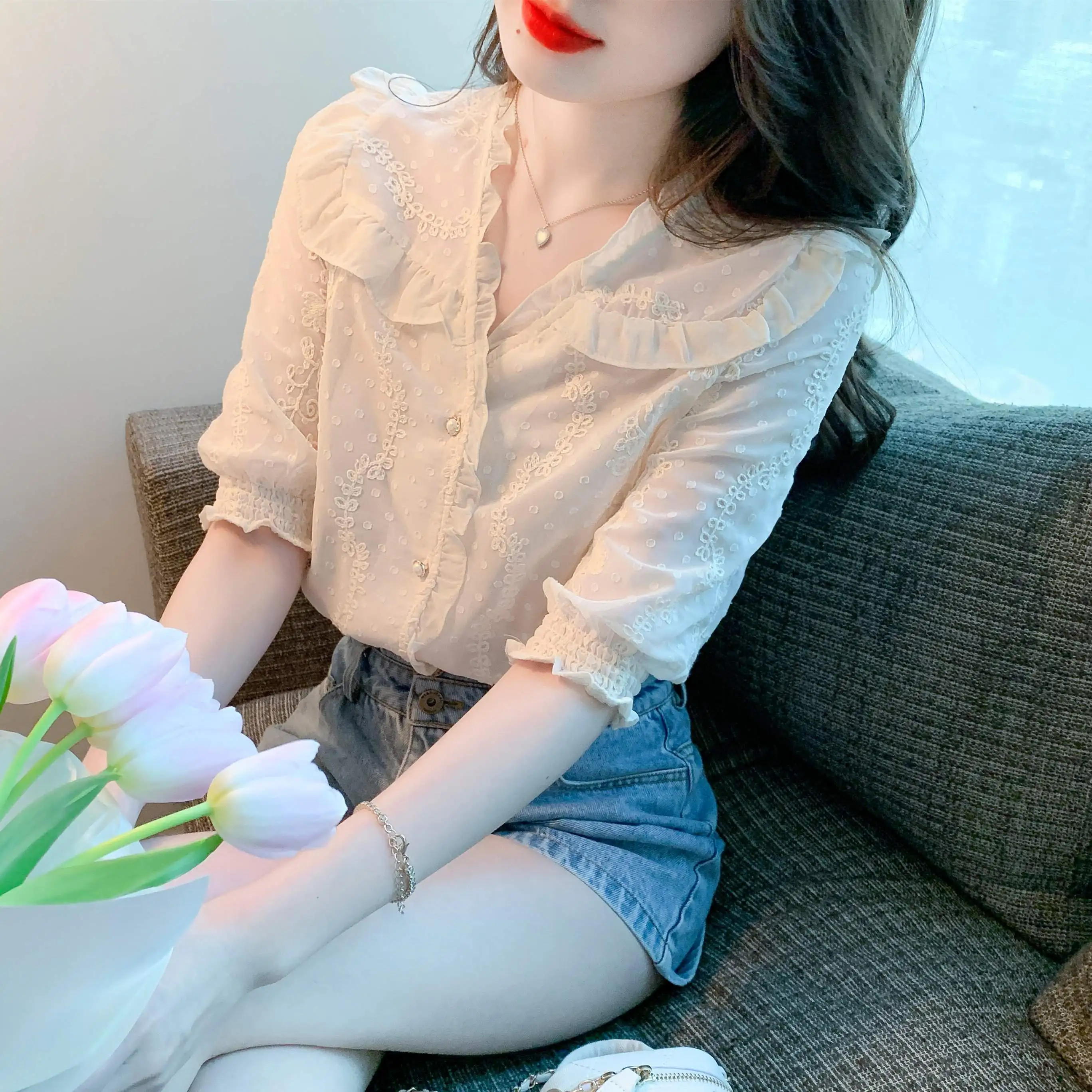 

COIGARSAM Shirt Womens Tops Summer 2022 New Ruffles Short Sleeve Lace Chiffon V-Neck Women Shirts Dropshipping