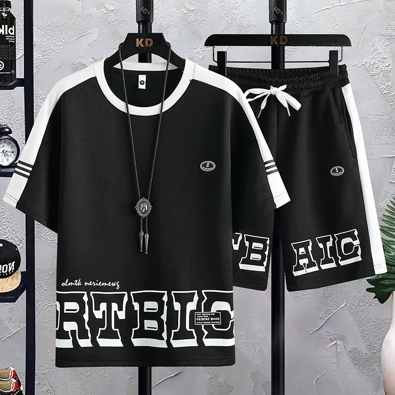 Casual Sports Suit Men's Summer Fashion Brand Fashion Letters Short-Sleeved Men's Suit with Handsome Teen Clothes