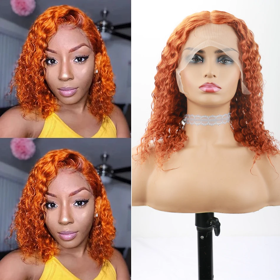 

Orange Human Hair Bob Wig Curly Bob Wig Deep Wave T Part Lace Front Wigs with Baby Hair Brazilian Pre Plucked For Black Women