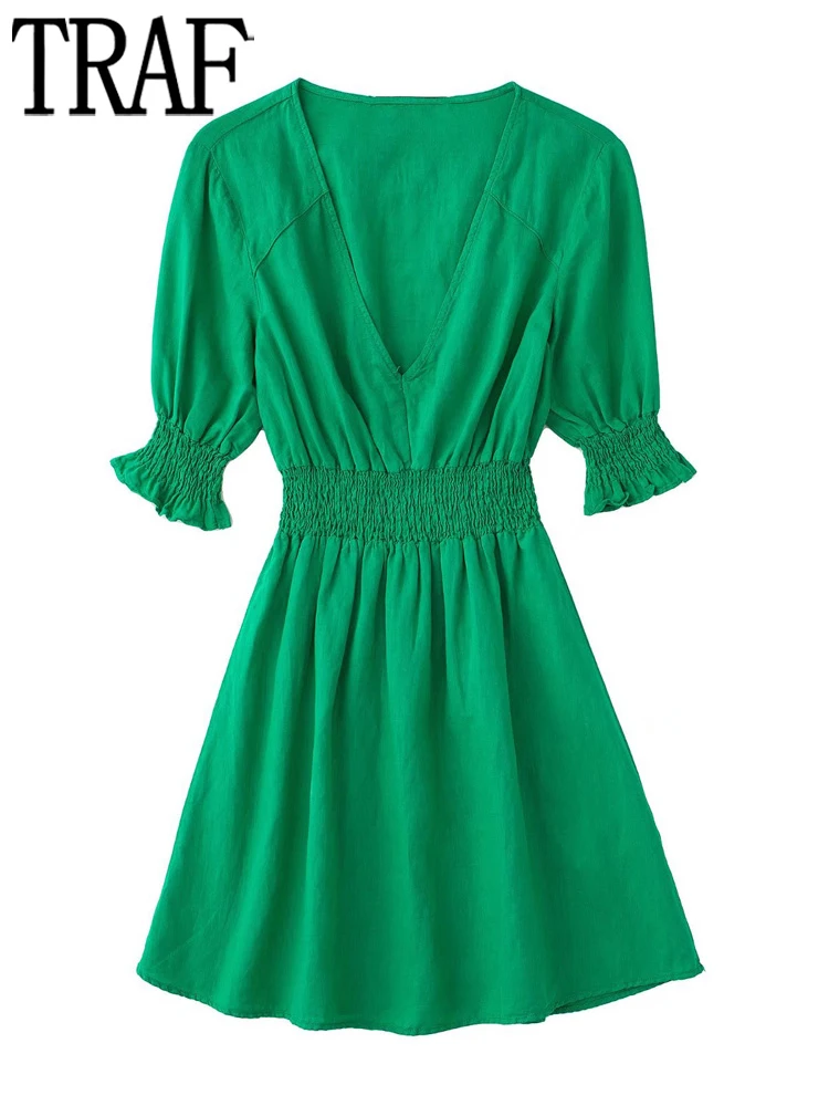 

TRAF Green Pleated Dress Woman Office Short Dress Women Summer Ruched Woman Dresses 2022 Short Sleeve Elastic Waist Female Dress