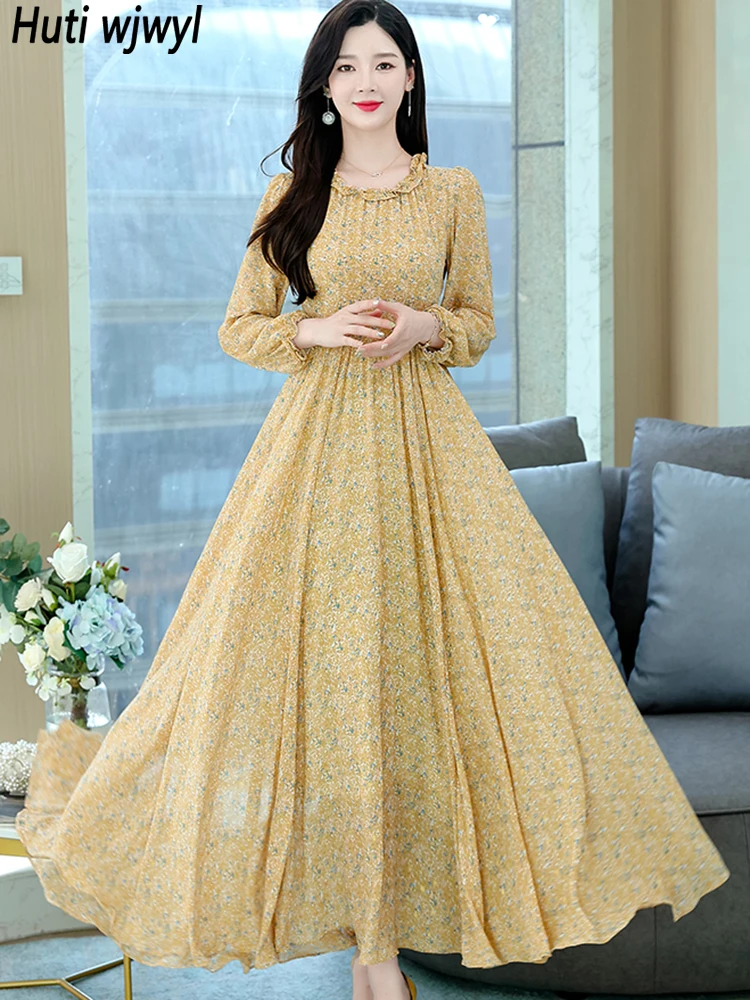 

2022 Floral Ruffle Collar Chic Prom Maxi Robe Women Casual Boho Beach Long Dress Spring Autumn Elegant Bodycon Party Night Dress