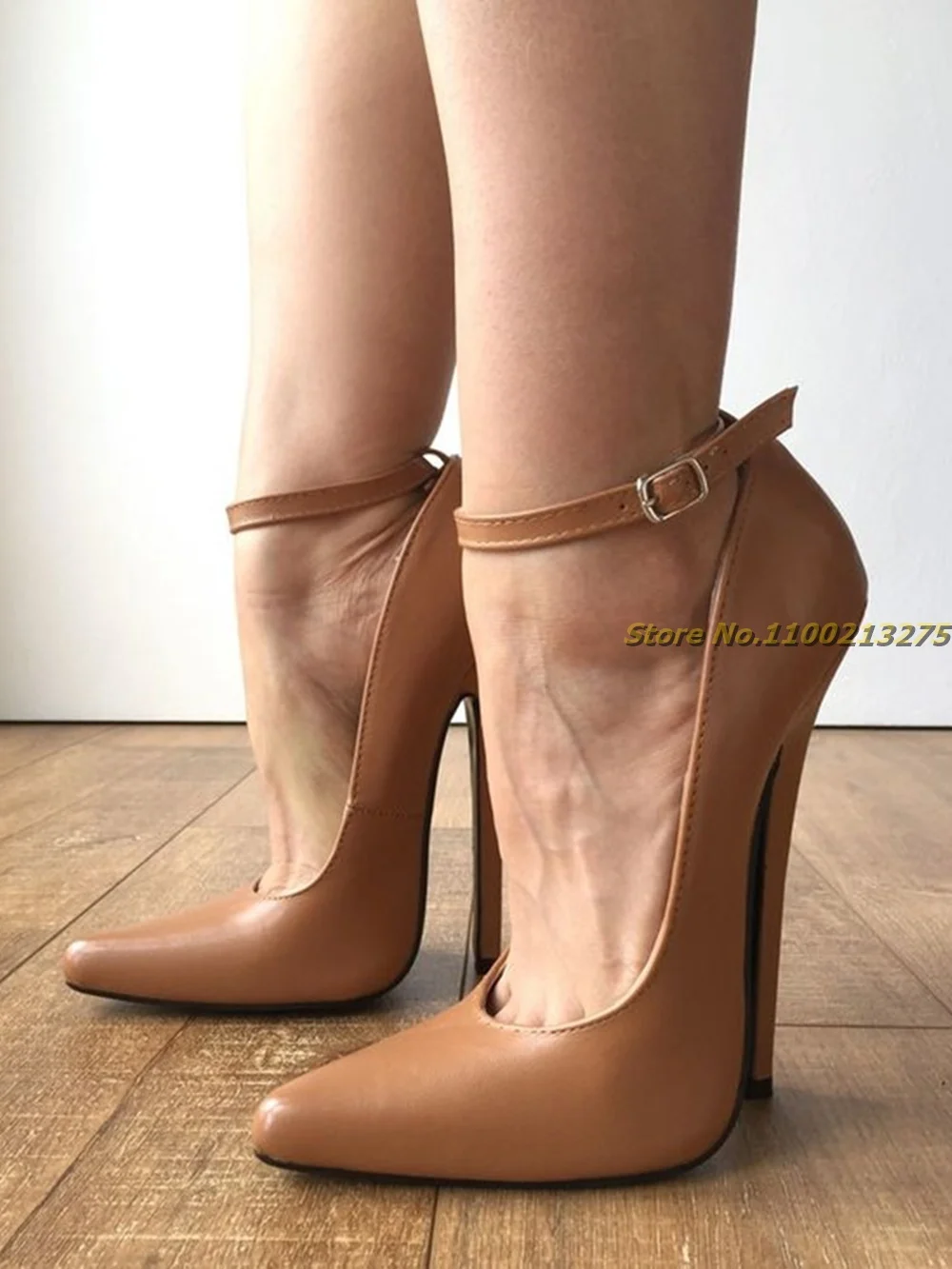 Tan Leather Ankle Strap Pumps Stiletto Super High Heel Pointed Toe Fashion Women Dress Shoes Solid Nude White High Heel Pumps