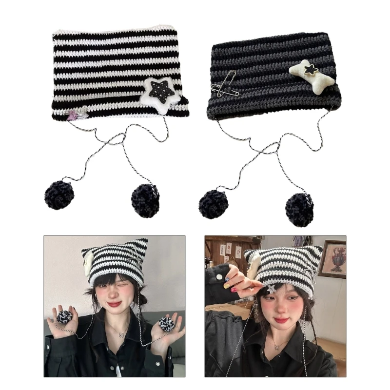 

Вязаная шапка-бини унисекс с мультяшным котенком и ушками, Y2K, вечерние шляпы, реквизит для фотосессии, горячая девушка, милая