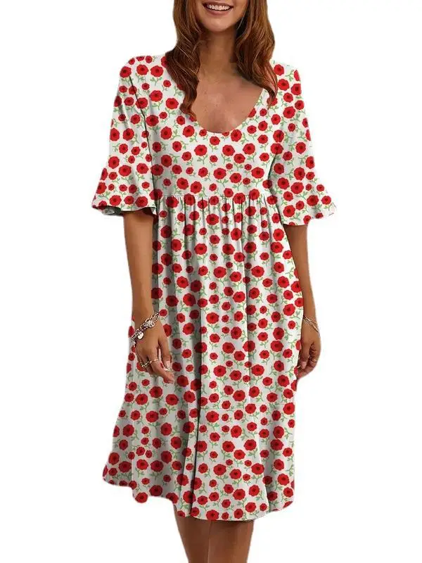 

Women Floral print Summer Dresses For Women Loose Short Sleeve Beach A Line Dress Elegant Fashion Ladies Party Dress Vestidos