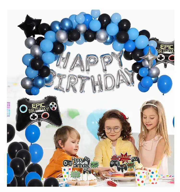 

JOYMEMO Game Themed Party Decorations Blue Black Latex Balloons Set Game Handle Foil Balloons for Boys Birthday Party Supplies