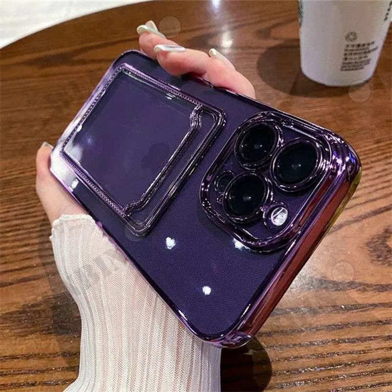 

Electroplated Transparent Card Holder Wallet Case For iPhone 14 13 12 Pro Max Plus Photo Pocket Shockproof Silicone Cover