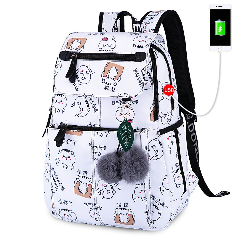 

Cute Cartoon Backpack for Teen Girls Canvas BookBags for School Backpacks With USB Charging Port College Bags Travel Daypack