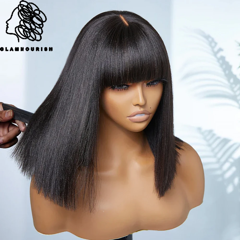 Straight Human Hair Bob Wig With Bangs Realistic Look Fake Lace Scalp Glueless Wigs Brazilian Human Virgin Hair Wigs 180 Density