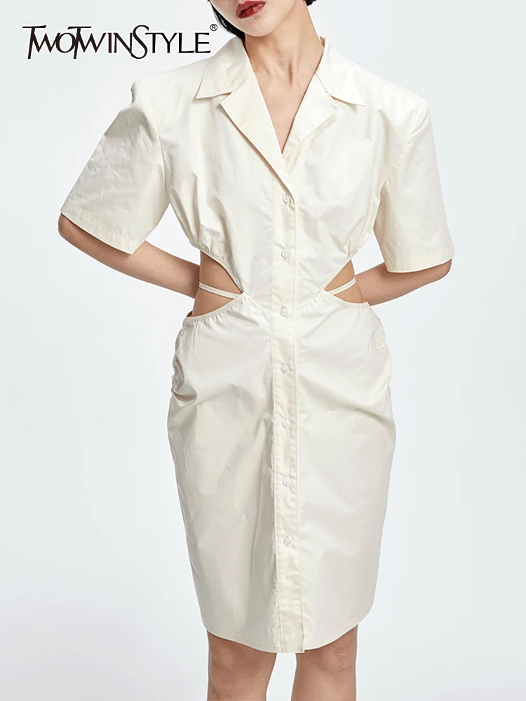 

Женское платье с отложным воротником TWOTWINSTYLE, однотонное платье-рубашка с коротким рукавом и бантом на шнуровке, 2019