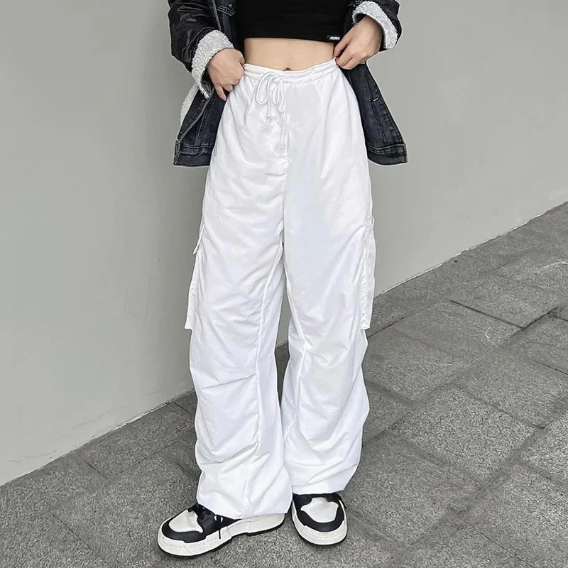 

Women Pants Y2k Solid White Straight Pants Tie Up High Waist Big Pocket Wide Leg Cargo Pants Korean Fashion Streetwear Hip Hop