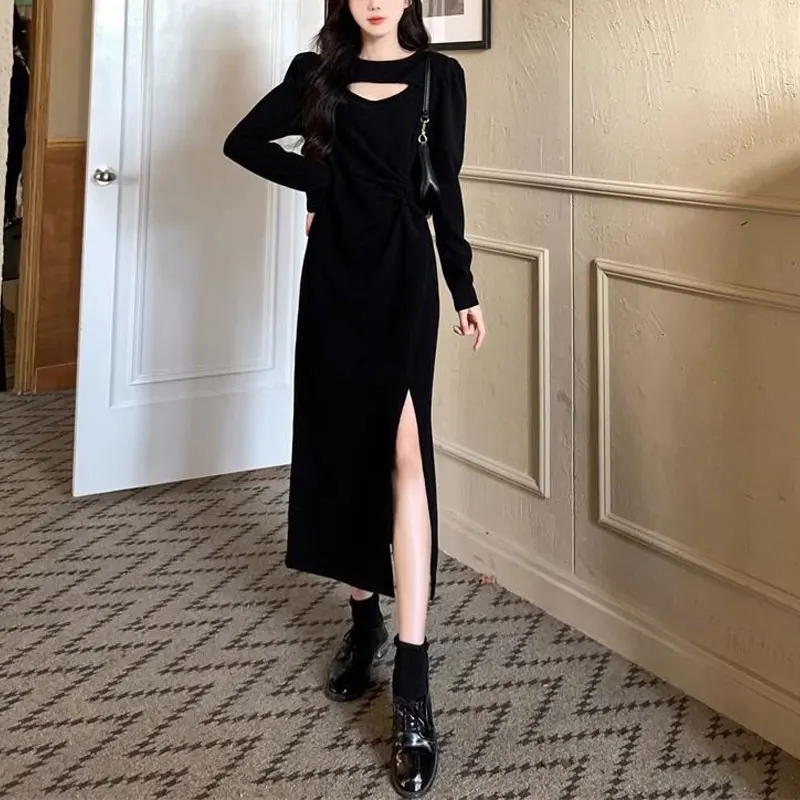 Осенне-зимние платья с вырезами женская одежда на талии модное однотонное