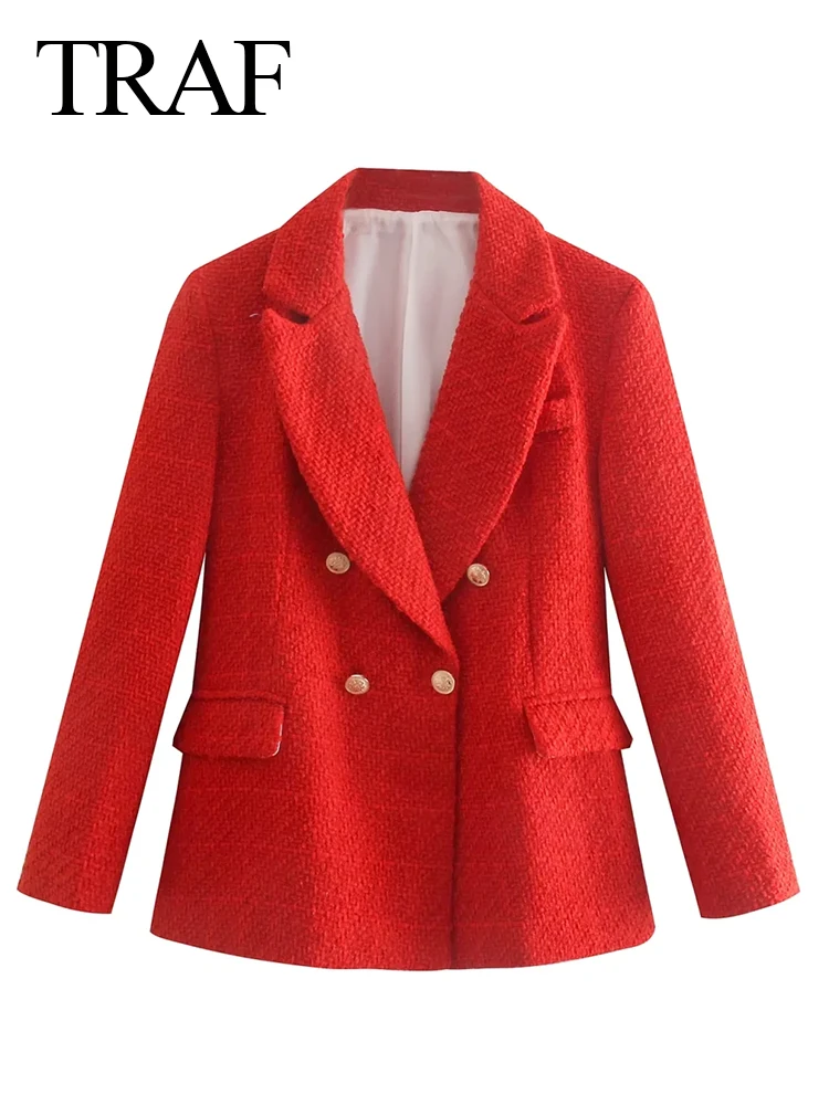 

TRAF 2022 Women Elegant Casual Tweed Blazer Vintage Office Lady Autumn Solid Jacket Coat Double Breasted Outwear Female Chic Top